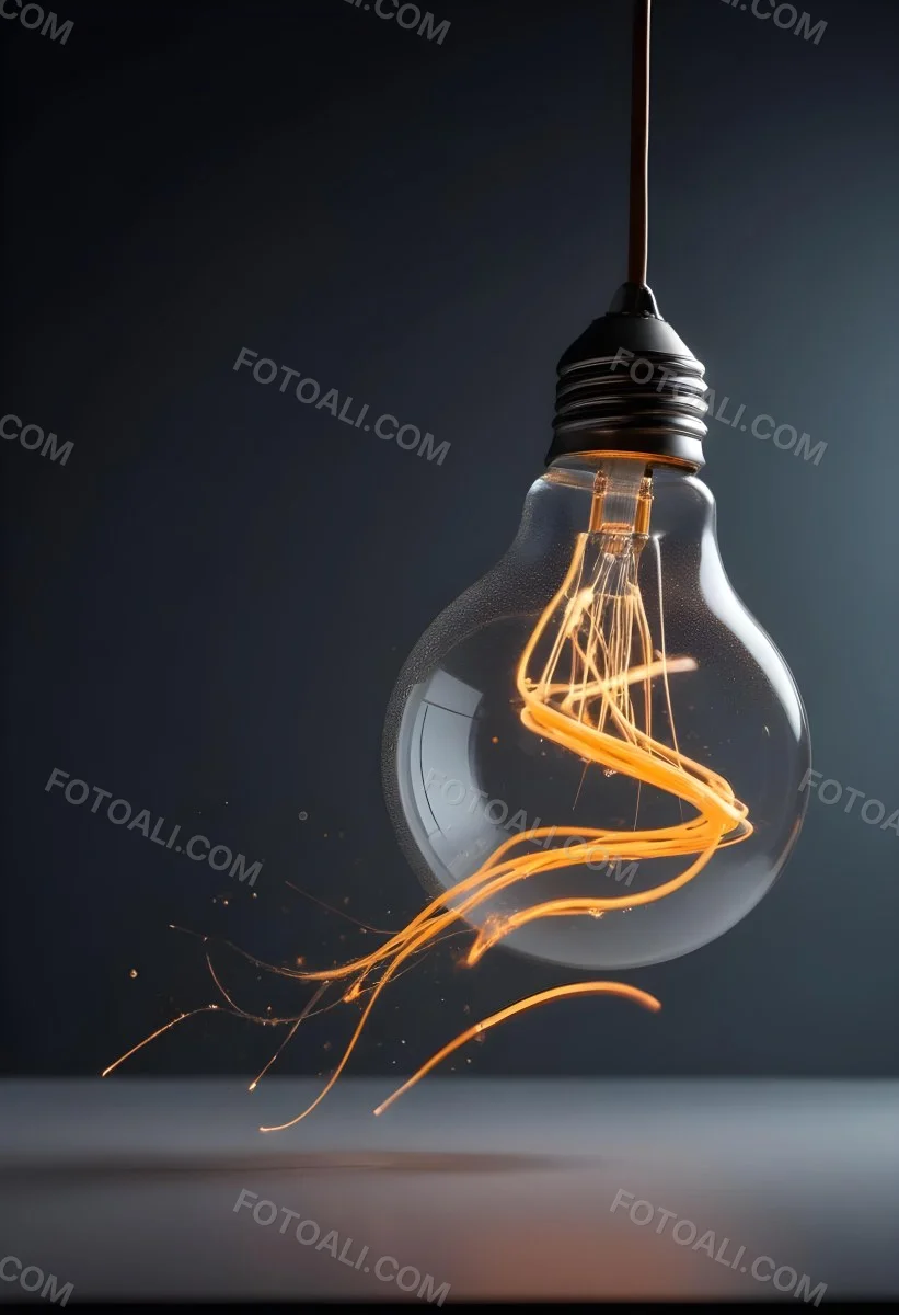 A Light Bulb With An Orange Light Trail Inside And Sparkles Coming Out Of It On A Light Background 7 8842