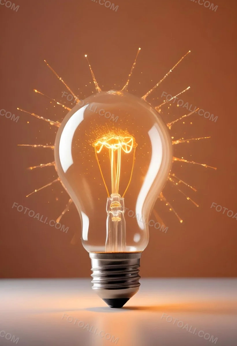 A Light Bulb With An Orange Light Trail Inside And Sparkles Coming Out Of It On A Light Background 9 25e2