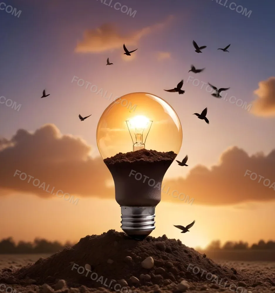 A Light Bulb With The Earth As The Bulb On Top Of A Pile Of Dirt Birds Flying In The Sky Sunset Background 12 2a04