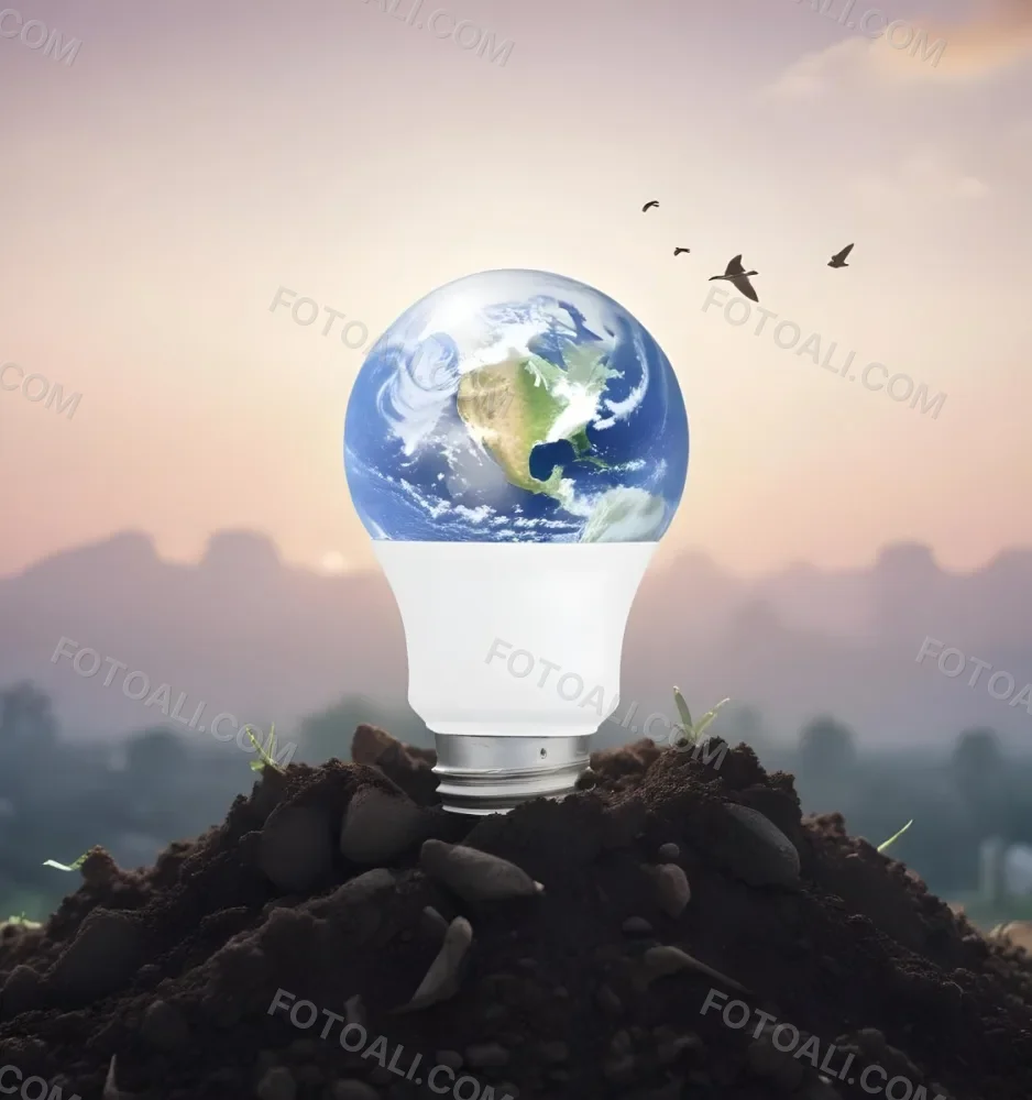 A Light Bulb With The Earth As The Bulb On Top Of A Pile Of Dirt Birds Flying In The Sky Sunset Background 13 6291