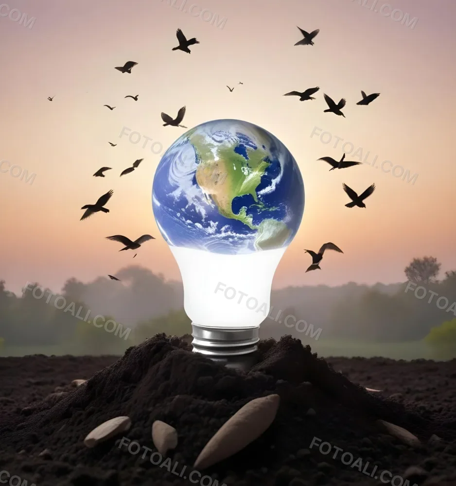 A Light Bulb With The Earth As The Bulb On Top Of A Pile Of Dirt Birds Flying In The Sky Sunset Background 14 3aff