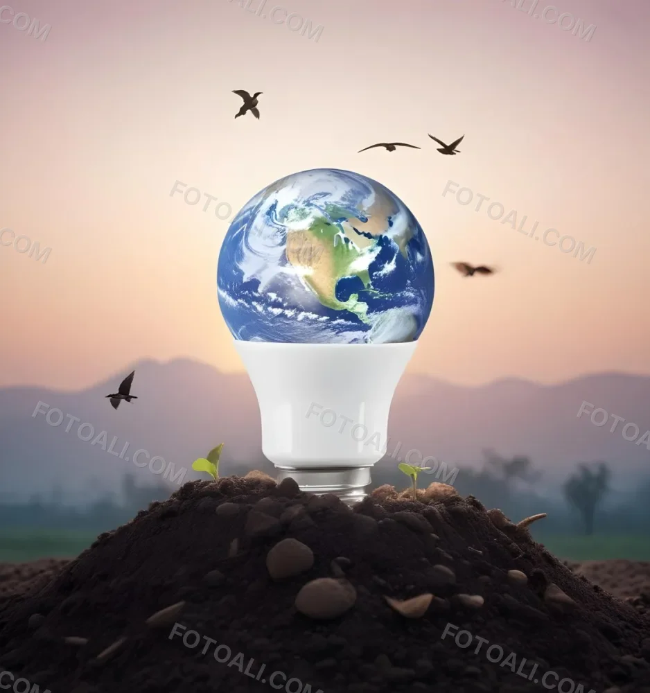 A Light Bulb With The Earth As The Bulb On Top Of A Pile Of Dirt Birds Flying In The Sky Sunset Background 16 7bdf