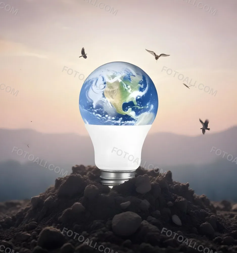 A Light Bulb With The Earth As The Bulb On Top Of A Pile Of Dirt Birds Flying In The Sky Sunset Background 2 1a49
