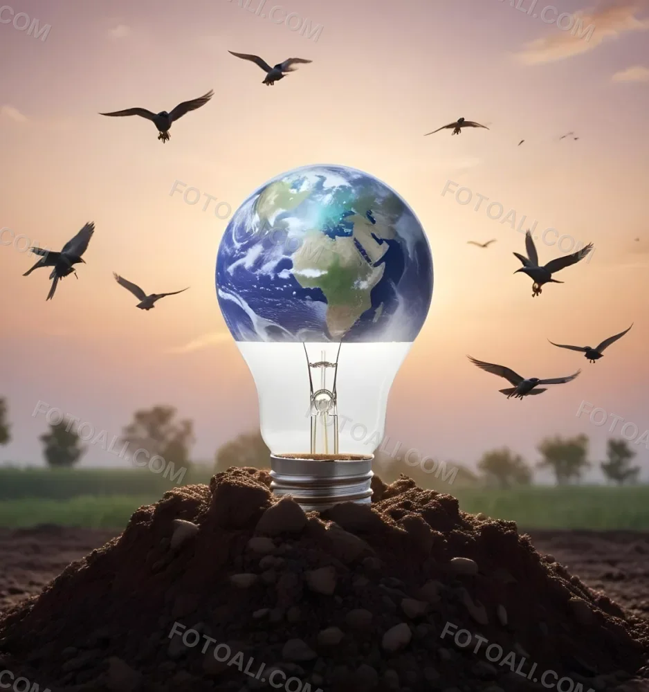 A Light Bulb With The Earth As The Bulb On Top Of A Pile Of Dirt Birds Flying In The Sky Sunset Background 20 2cbe