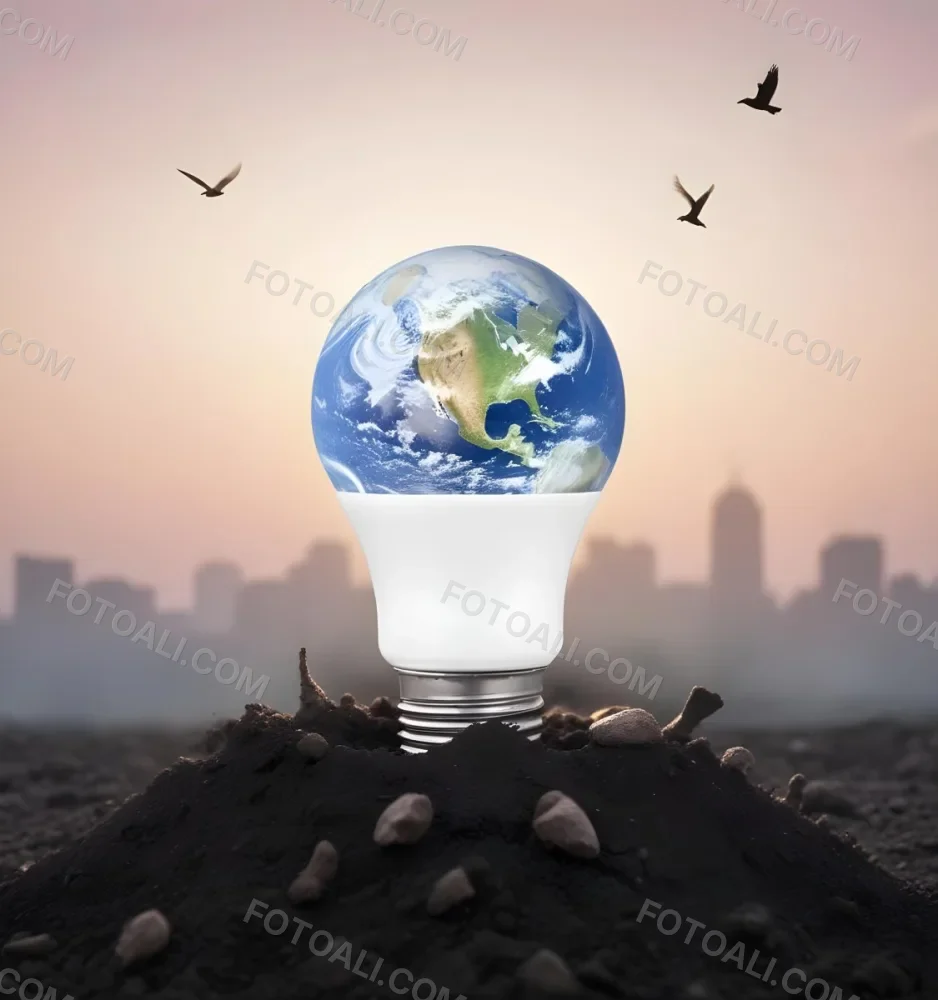 A Light Bulb With The Earth As The Bulb On Top Of A Pile Of Dirt Birds Flying In The Sky Sunset Background 22 D700