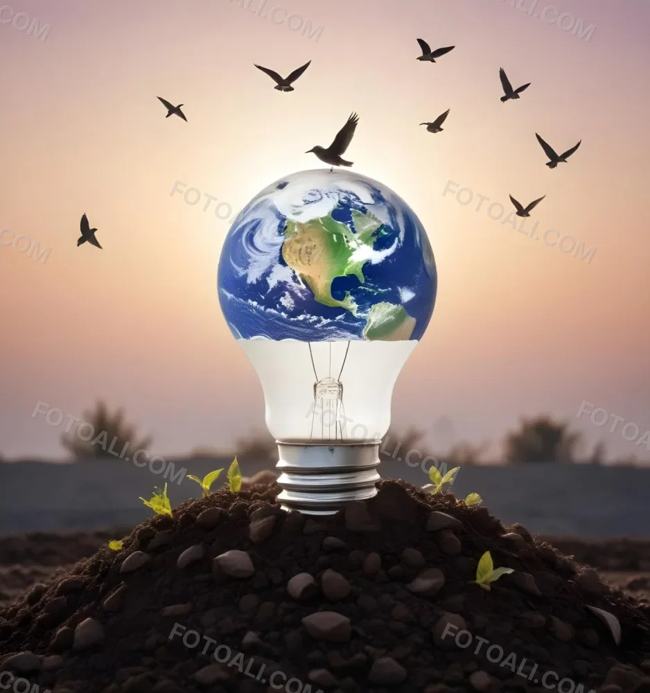 A Light Bulb With The Earth As The Bulb On Top Of A Pile Of Dirt Birds Flying In The Sky Sunset Background 28 6068
