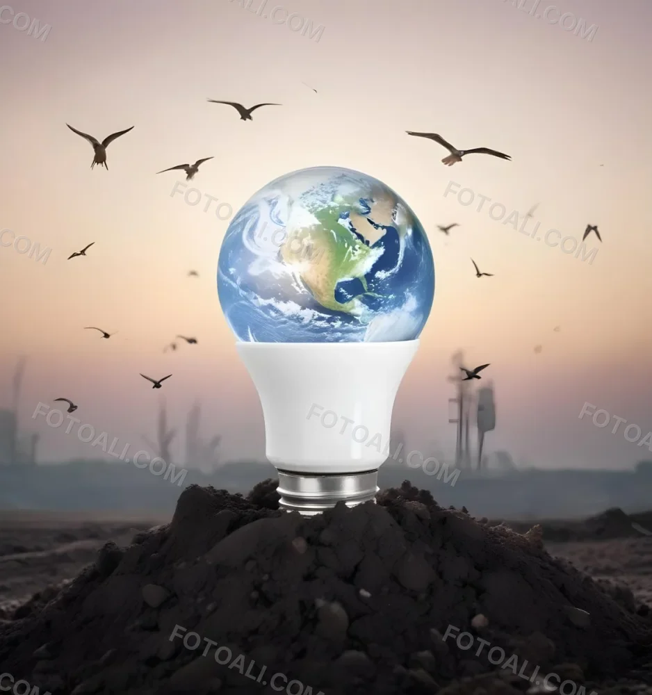 A Light Bulb With The Earth As The Bulb On Top Of A Pile Of Dirt Birds Flying In The Sky Sunset Background 29 40c5