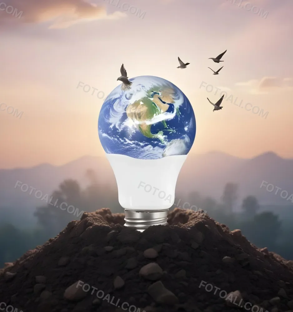 A Light Bulb With The Earth As The Bulb On Top Of A Pile Of Dirt Birds Flying In The Sky Sunset Background 31 A0ce
