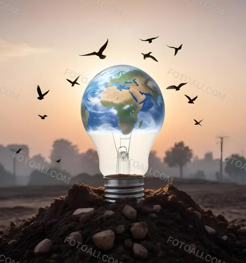 A Light Bulb With The Earth As The Bulb On Top Of A Pile Of Dirt Birds Flying In The Sky Sunset Background 37 401d