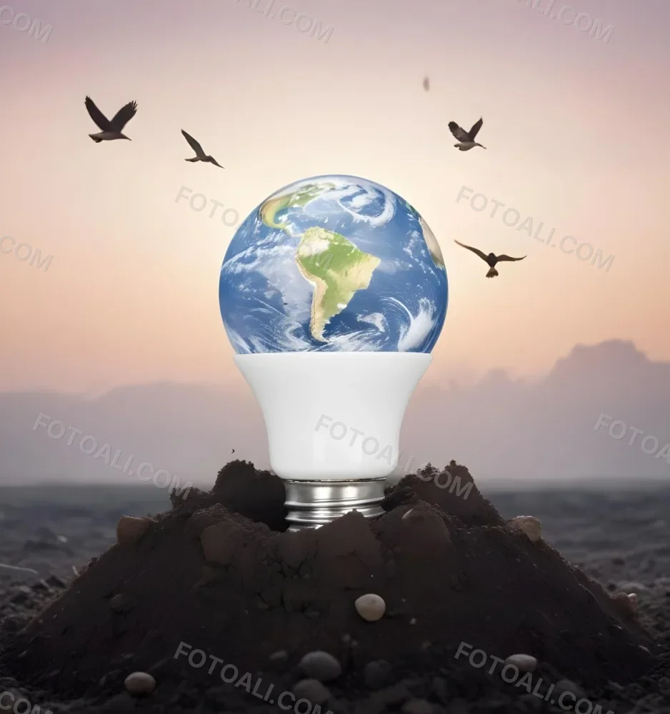 A Light Bulb With The Earth As The Bulb On Top Of A Pile Of Dirt Birds Flying In The Sky Sunset Background 4 F224