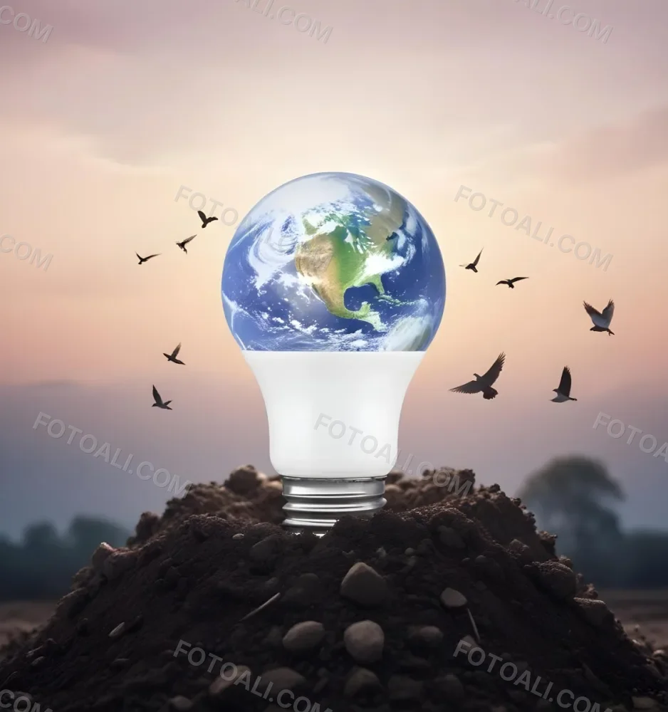 A Light Bulb With The Earth As The Bulb On Top Of A Pile Of Dirt Birds Flying In The Sky Sunset Background 40 5870
