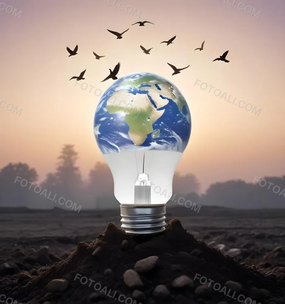 A Light Bulb With The Earth As The Bulb On Top Of A Pile Of Dirt Birds Flying In The Sky Sunset Background 45 Afd8