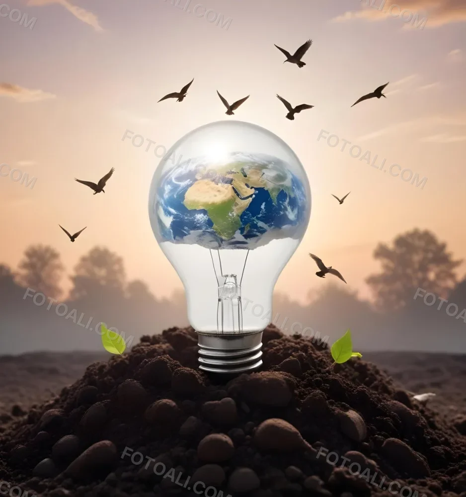 A Light Bulb With The Earth As The Bulb On Top Of A Pile Of Dirt Birds Flying In The Sky Sunset Background 46 F0e3