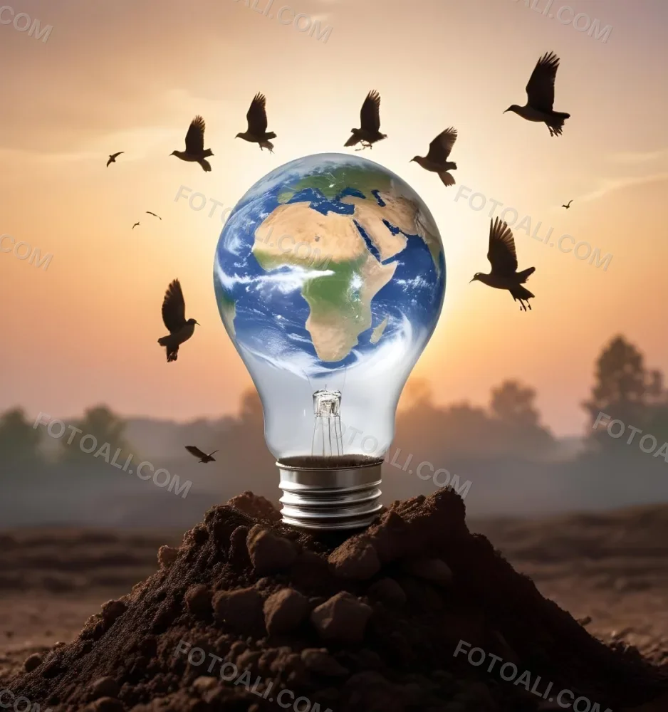 A Light Bulb With The Earth As The Bulb On Top Of A Pile Of Dirt Birds Flying In The Sky Sunset Background 47 399b
