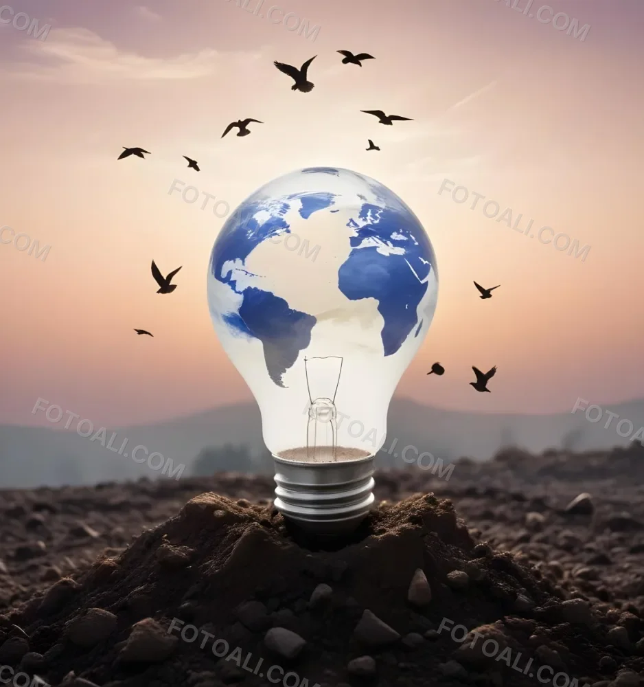 A Light Bulb With The Earth As The Bulb On Top Of A Pile Of Dirt Birds Flying In The Sky Sunset Background 48 Cbde