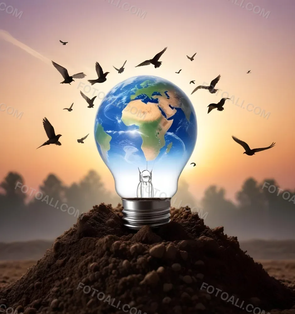 A Light Bulb With The Earth As The Bulb On Top Of A Pile Of Dirt Birds Flying In The Sky Sunset Background 49 Bb30