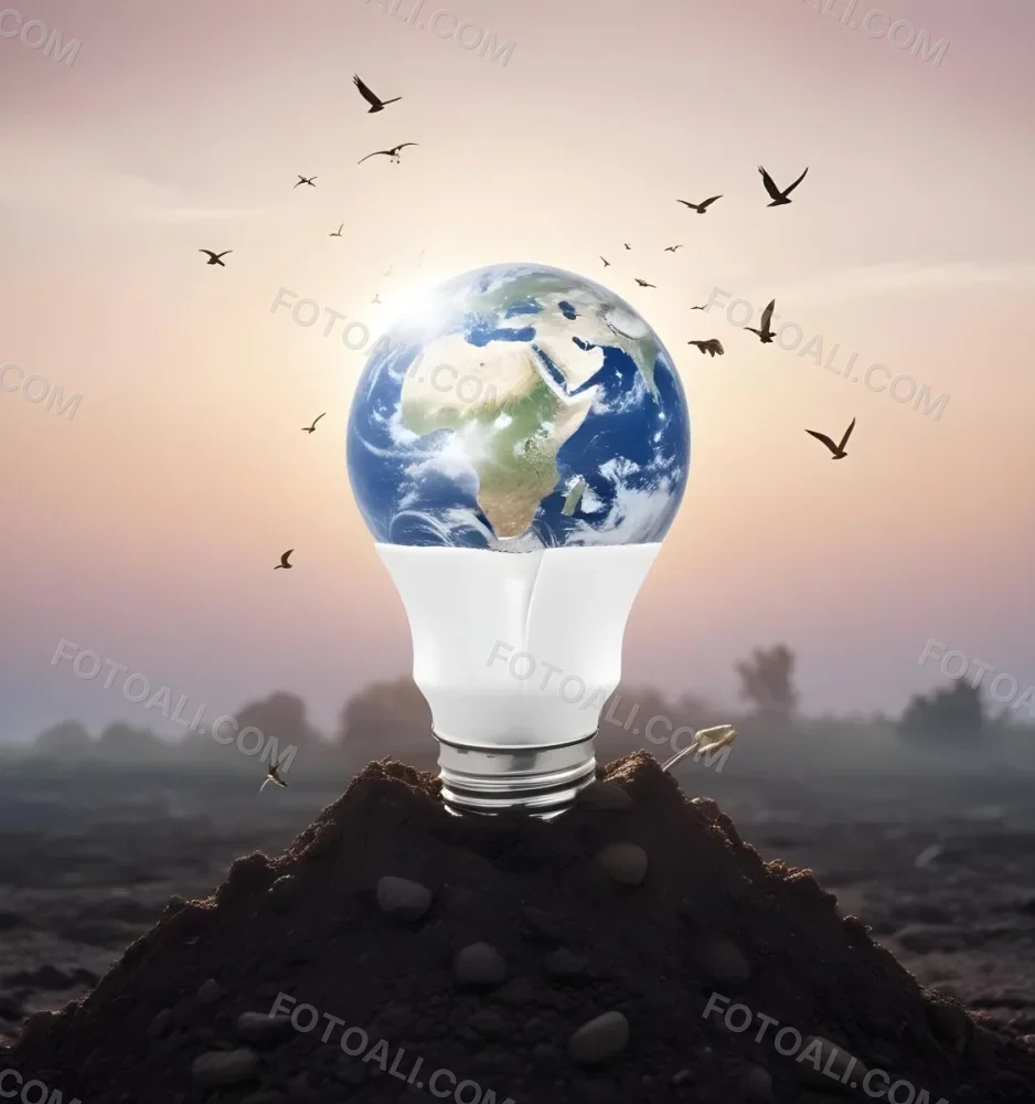 A Light Bulb With The Earth As The Bulb On Top Of A Pile Of Dirt Birds Flying In The Sky Sunset Background 5 495f