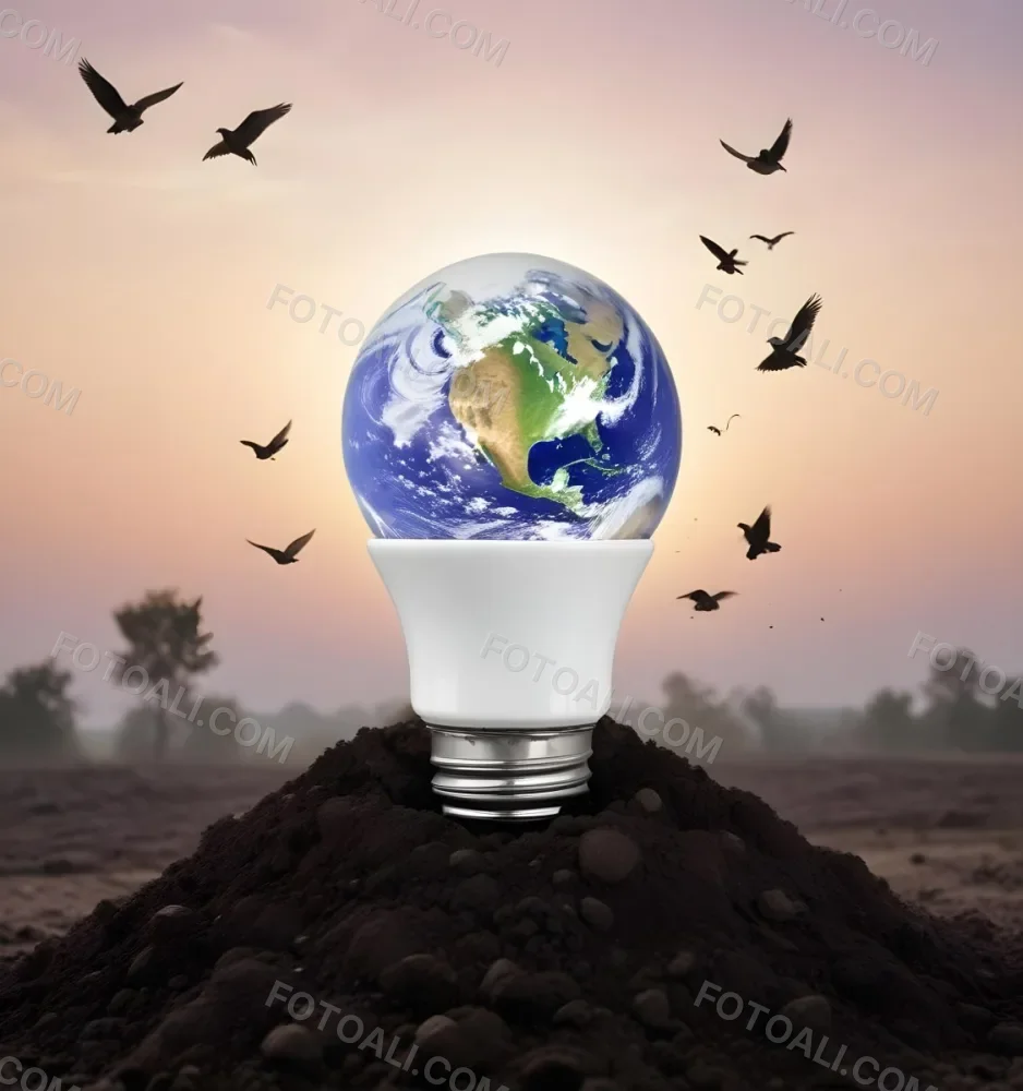 A Light Bulb With The Earth As The Bulb On Top Of A Pile Of Dirt Birds Flying In The Sky Sunset Background 51 2644
