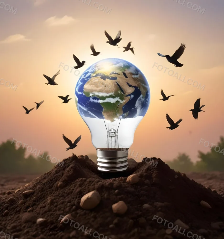 A Light Bulb With The Earth As The Bulb On Top Of A Pile Of Dirt Birds Flying In The Sky Sunset Background 52 B883