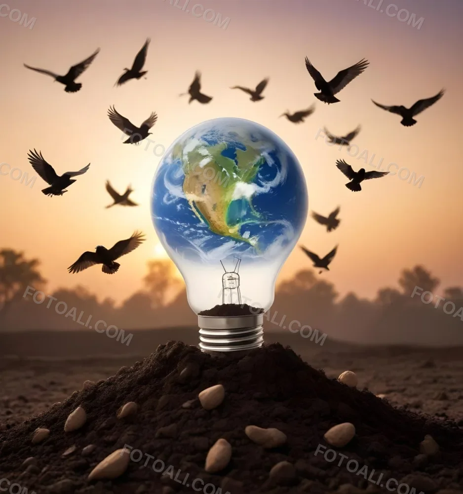 A Light Bulb With The Earth As The Bulb On Top Of A Pile Of Dirt Birds Flying In The Sky Sunset Background 6 6f12