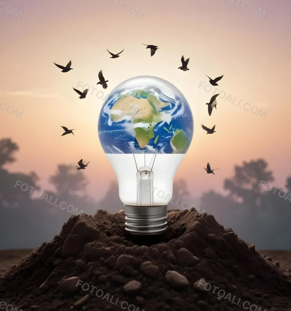 A Light Bulb With The Earth As The Bulb On Top Of A Pile Of Dirt Birds Flying In The Sky Sunset Background 7 E7fd