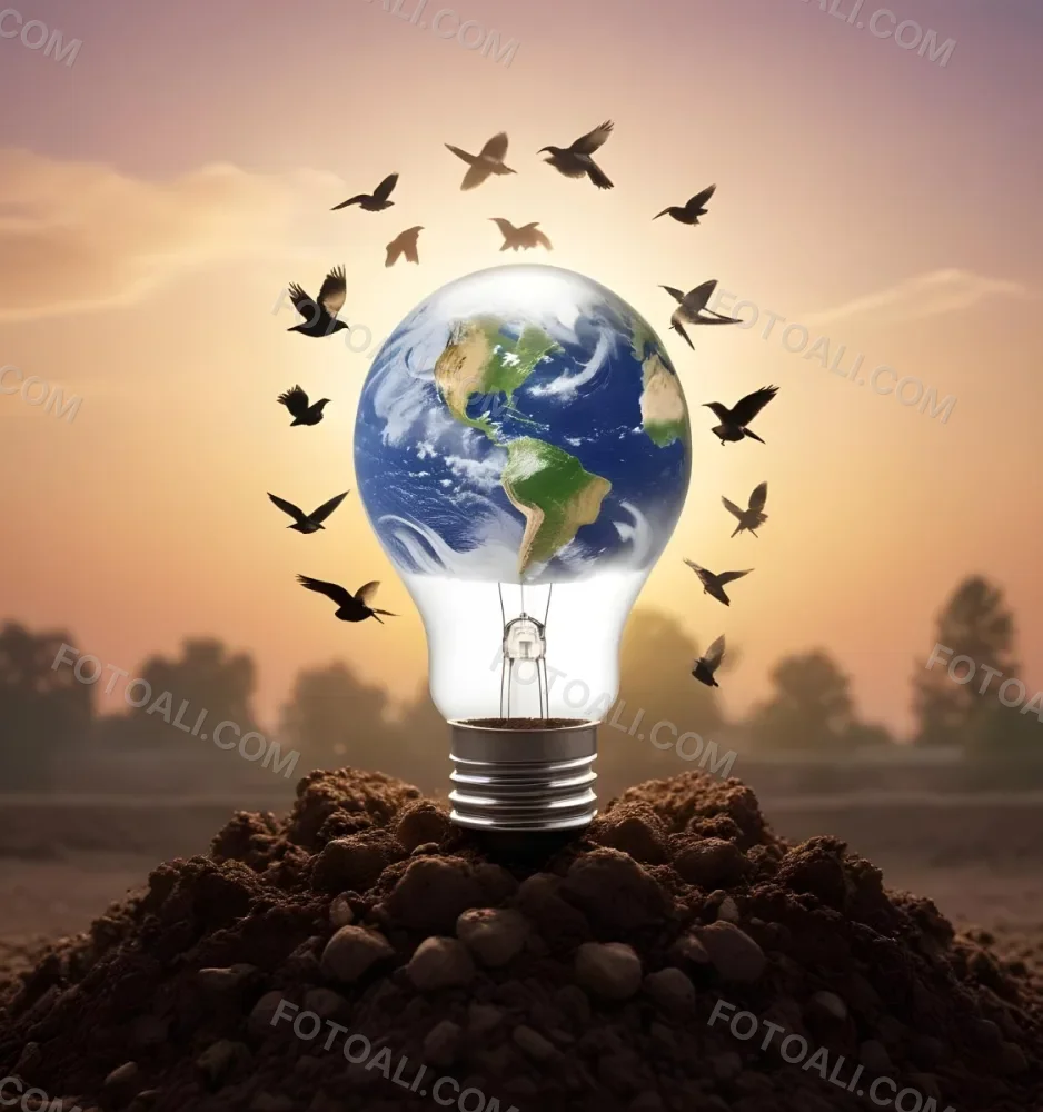 A Light Bulb With The Earth As The Bulb On Top Of A Pile Of Dirt Birds Flying In The Sky Sunset Background 8 41eb