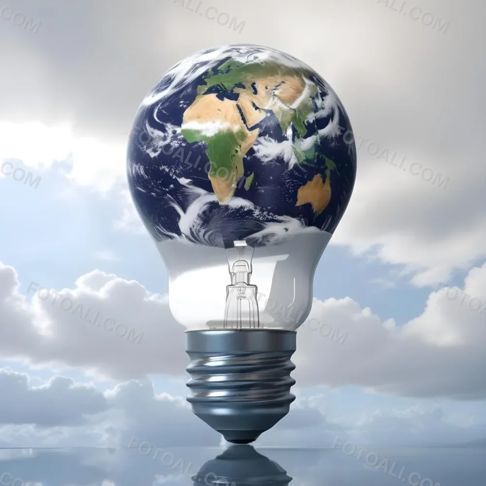 A Light Bulb With The Earth As The Bulb The Base Is White And Metallic In A Cloudy Sky Background 11 D2eb