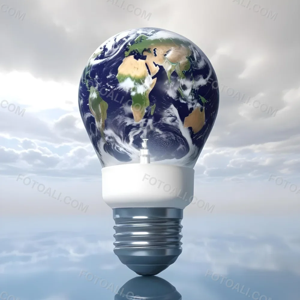 A Light Bulb With The Earth As The Bulb The Base Is White And Metallic In A Cloudy Sky Background 20 0f69