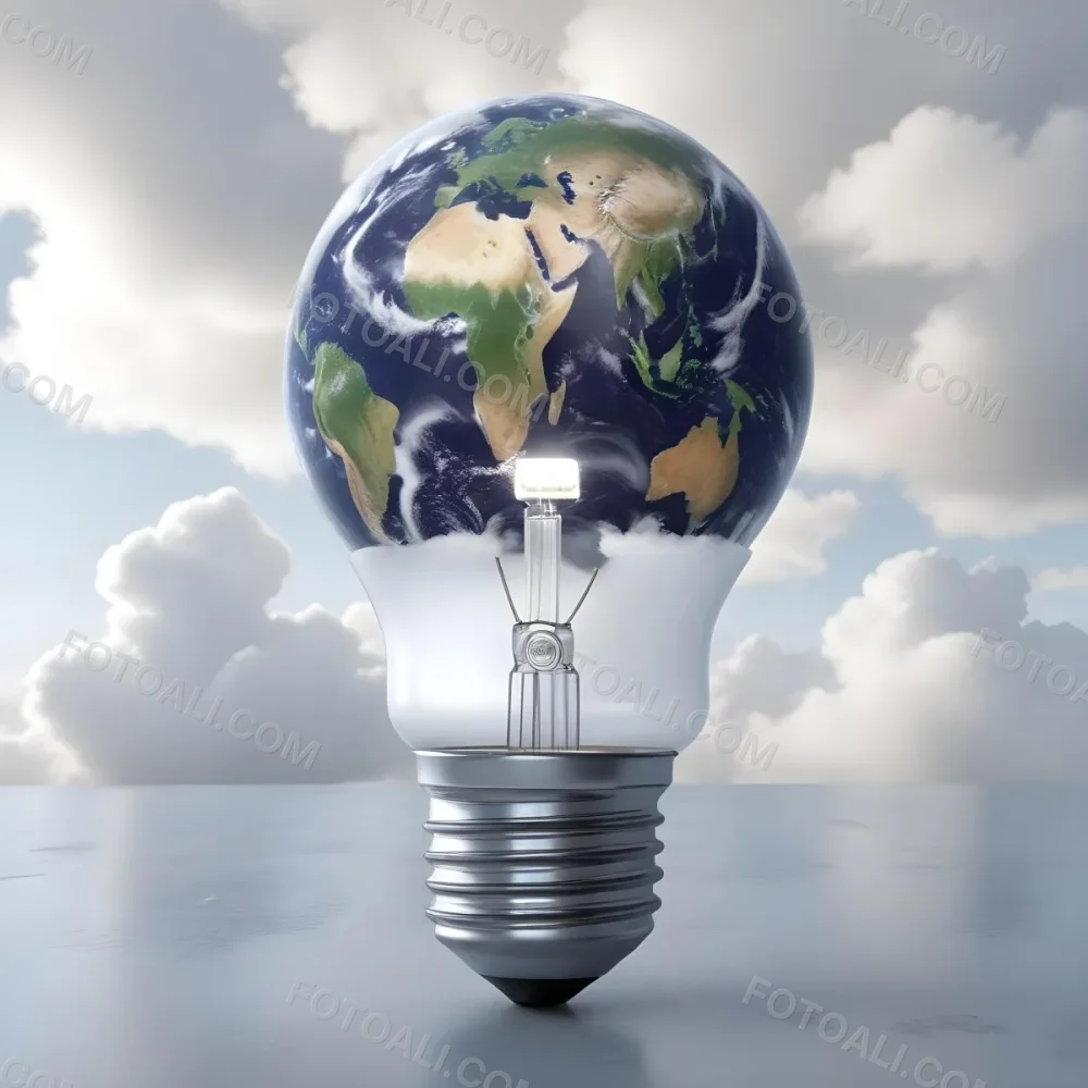 A Light Bulb With The Earth As The Bulb The Base Is White And Metallic In A Cloudy Sky Background 30 0d80