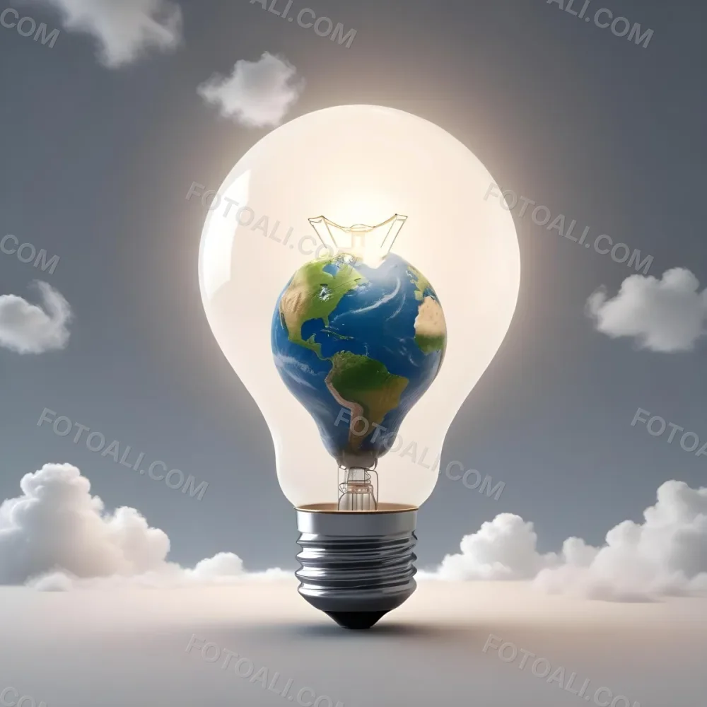 A Light Bulb With The Earth As The Bulb The Base Is White And Metallic In A Cloudy Sky Background 31 3609