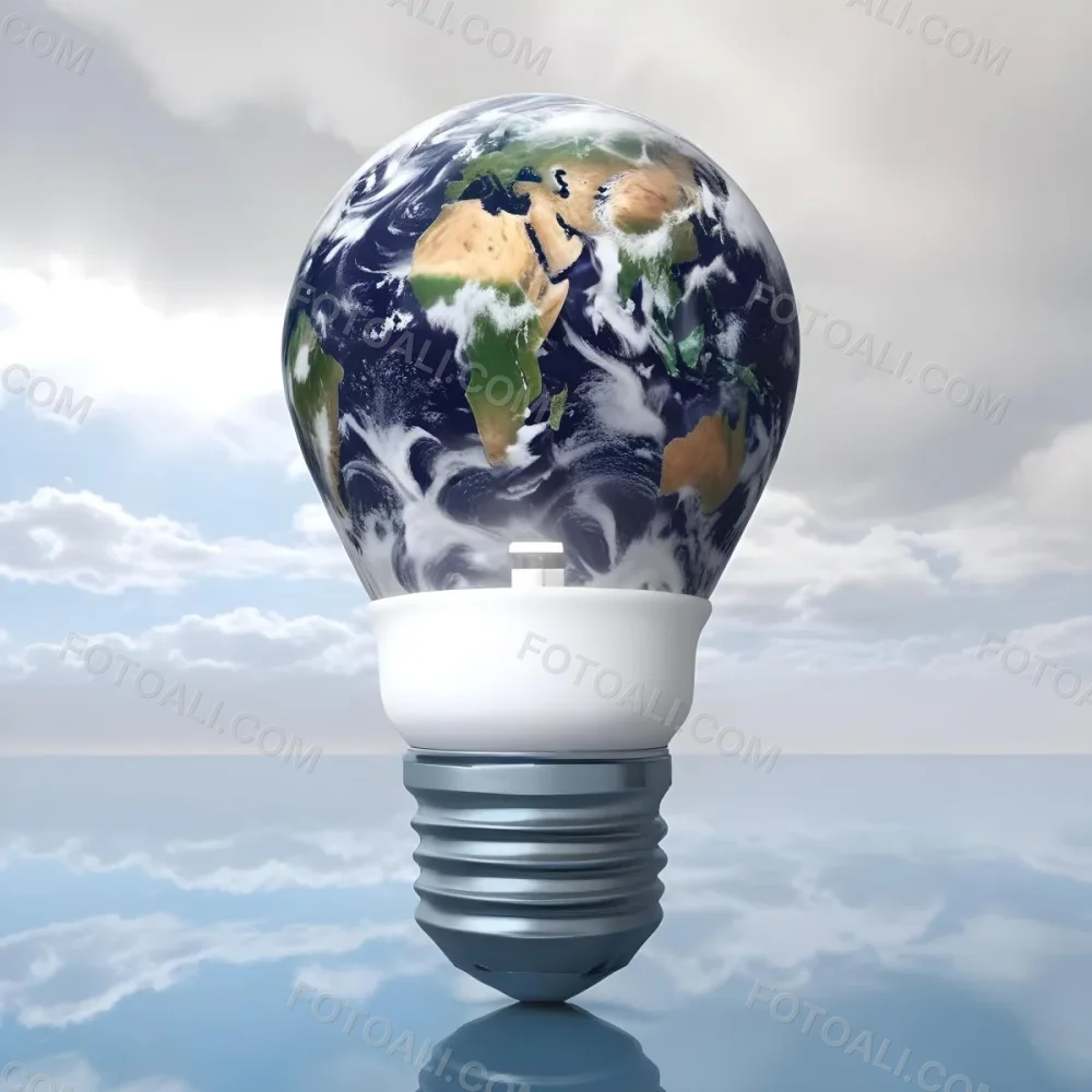 A Light Bulb With The Earth As The Bulb The Base Is White And Metallic In A Cloudy Sky Background 32 9e04