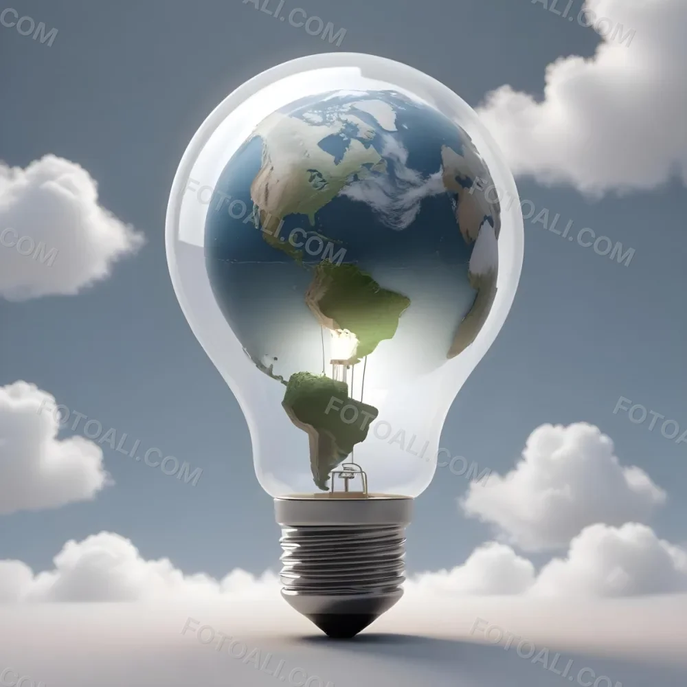 A Light Bulb With The Earth As The Bulb The Base Is White And Metallic In A Cloudy Sky Background 33 E8f3