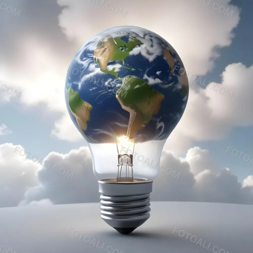 A Light Bulb With The Earth As The Bulb The Base Is White And Metallic In A Cloudy Sky Background 34 Fe02