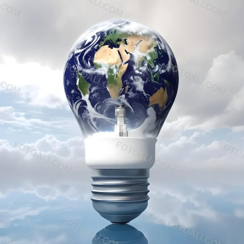 A Light Bulb With The Earth As The Bulb The Base Is White And Metallic In A Cloudy Sky Background 35 1d76