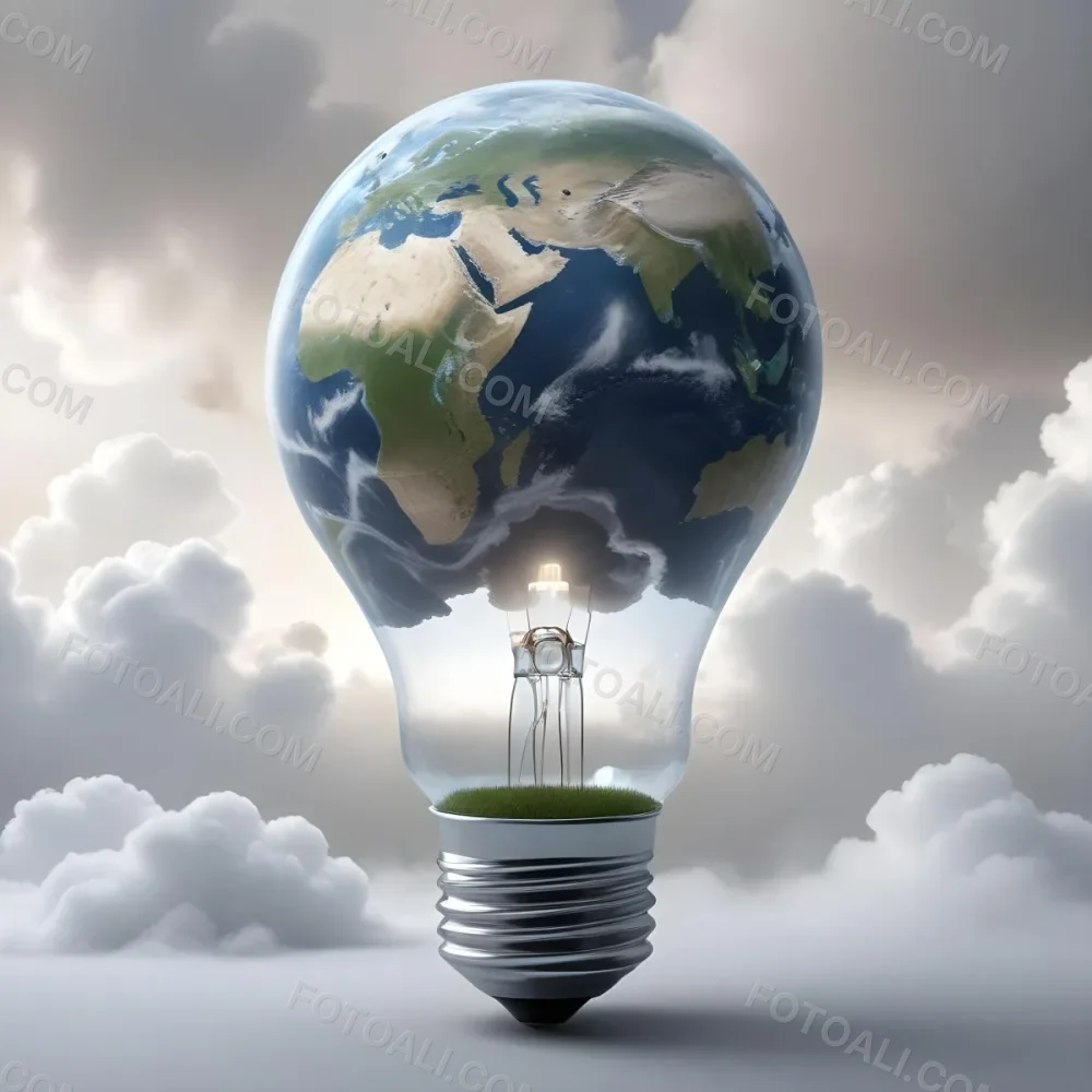 A Light Bulb With The Earth As The Bulb The Base Is White And Metallic In A Cloudy Sky Background 36 4345