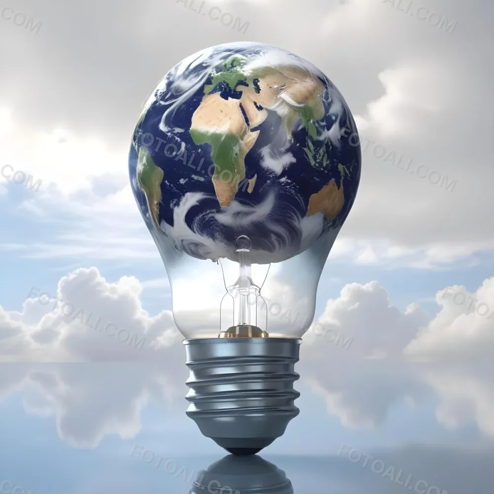 A Light Bulb With The Earth As The Bulb The Base Is White And Metallic In A Cloudy Sky Background 5 011a