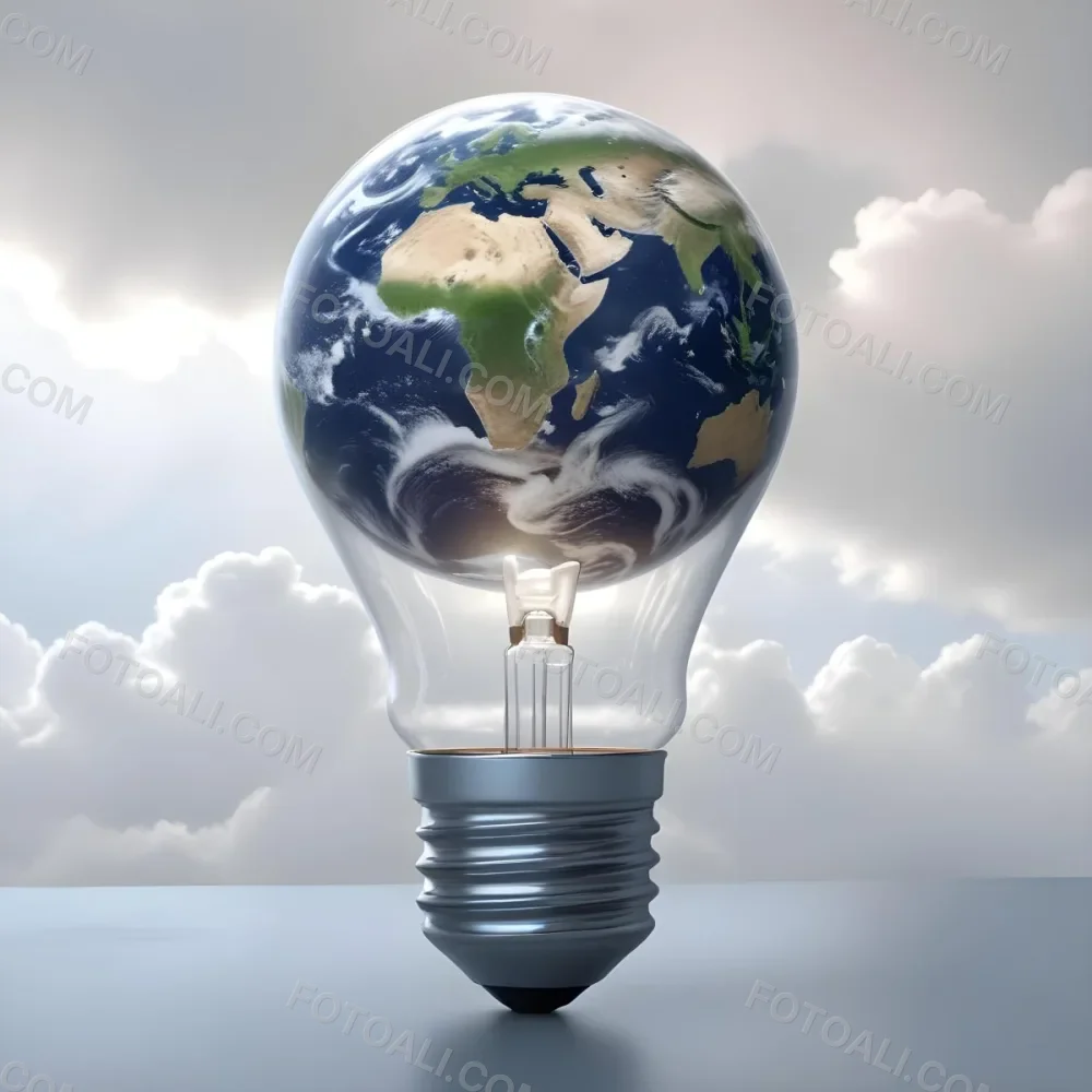 A Light Bulb With The Earth As The Bulb The Base Is White And Metallic In A Cloudy Sky Background 9 0940