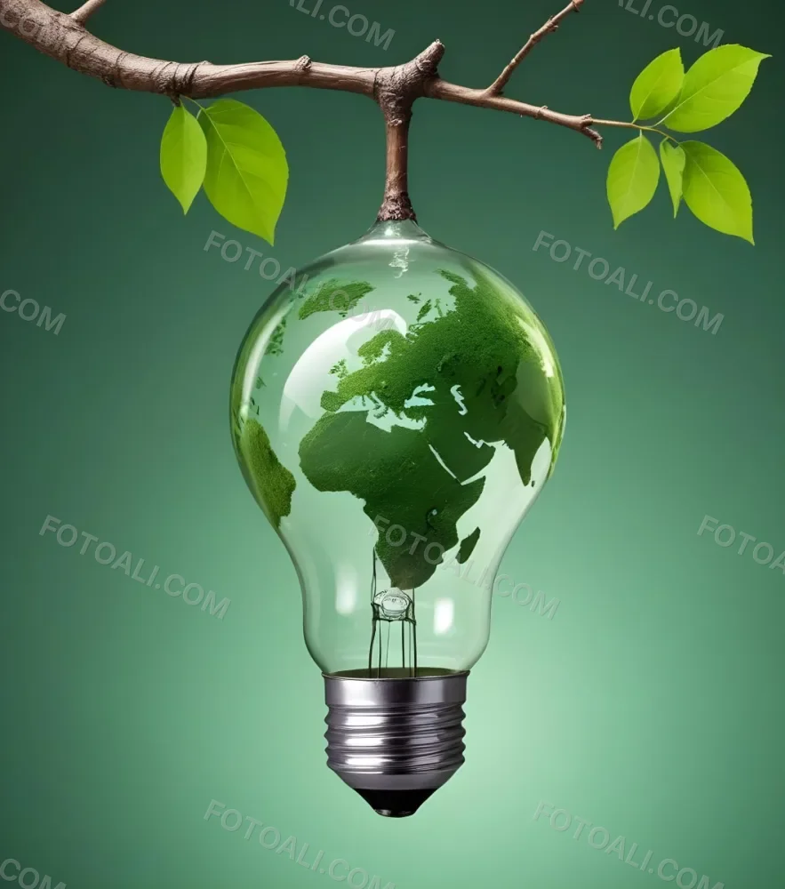 A Light Bulb With The Planet Earth Inside And A Branch With Green Leaves Coming Out Of The Top On A Green Background 8 738e