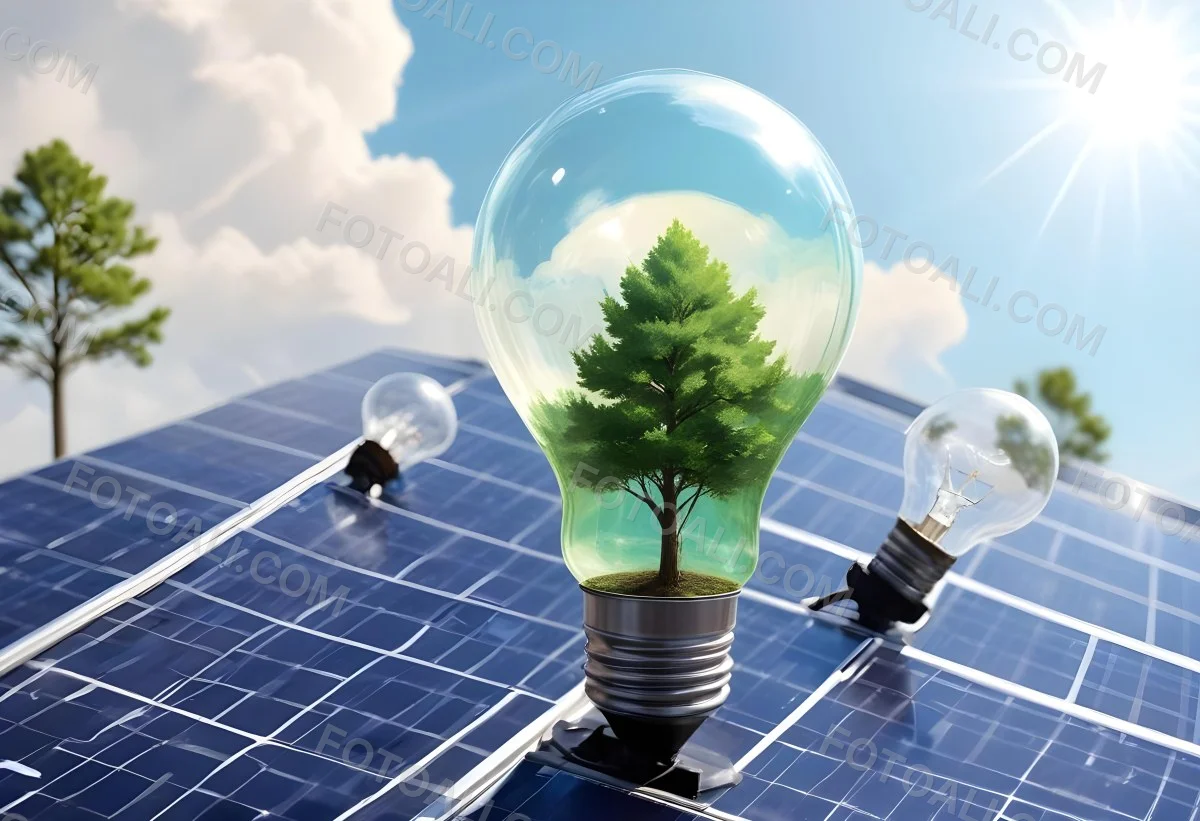A Light Bulb With Three Trees Inside On Top Of A Solar Panel Concept Of Green Energy Renewable Energy Sustainable Energy Clean Energy Bright Sky 26 Ca25