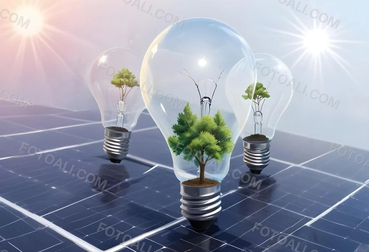 A Light Bulb With Three Trees Inside On Top Of A Solar Panel Concept Of Green Energy Renewable Energy Sustainable Energy Clean Energy Bright Sky 4 F6bd