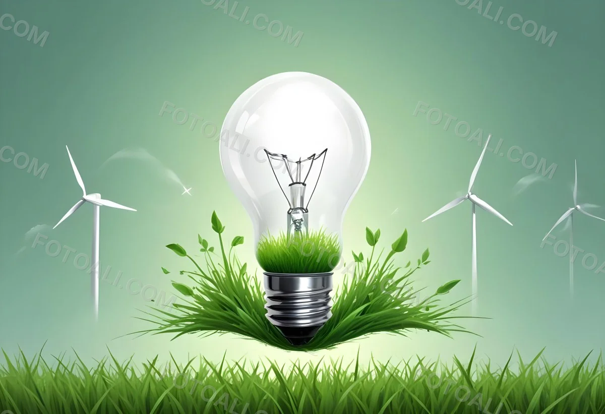 A Light Bulb With Wind Turbines Inside Green Grass White Sky Green Background Clean Energy Concept Renewable Resources Sustainable Development Environmental Awareness Eco Friendly Technology 12 023e