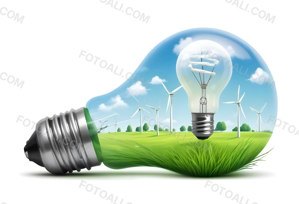 A Light Bulb With Wind Turbines Inside Green Grass White Sky Green Background Clean Energy Concept Renewable Resources Sustainable Development Environmental Awareness Eco Friendly Technology 52 Aa8f