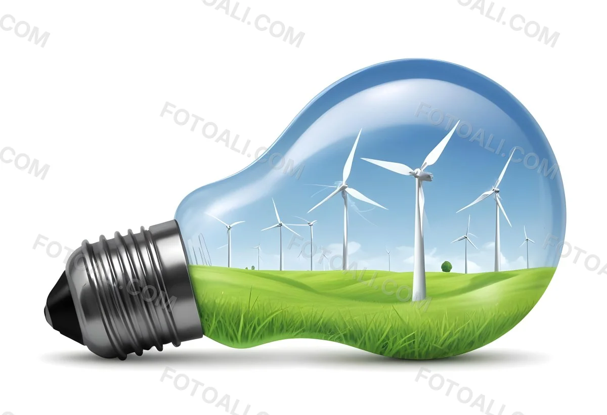 A Light Bulb With Wind Turbines Inside Green Grass White Sky Green Background Clean Energy Concept Renewable Resources Sustainable Development Environmental Awareness Eco Friendly Technology 65 28ed