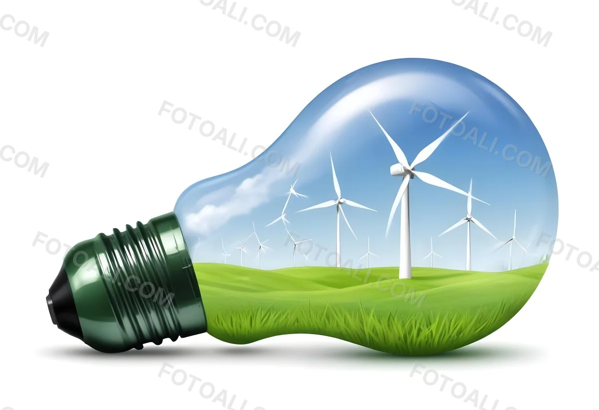 A Light Bulb With Wind Turbines Inside Green Grass White Sky Green Background Clean Energy Concept Renewable Resources Sustainable Development Environmental Awareness Eco Friendly Technology 79 F230