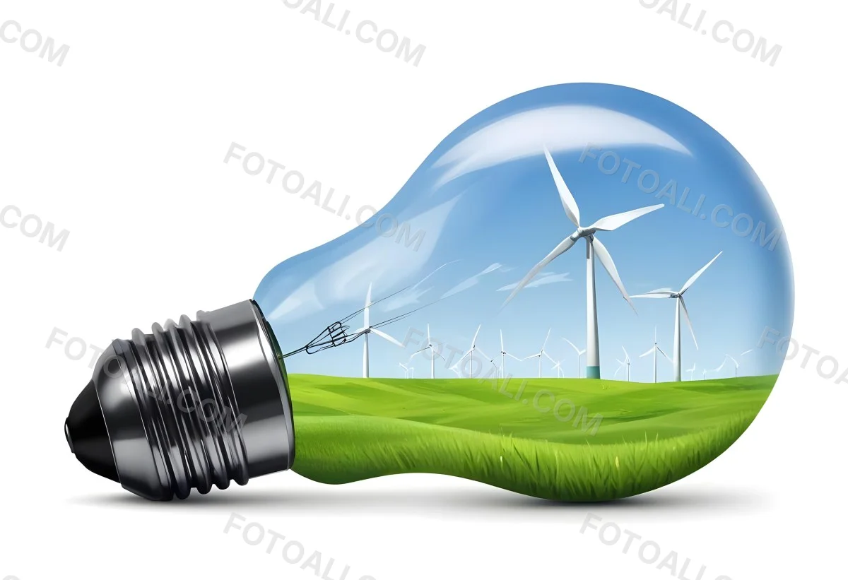 A Light Bulb With Wind Turbines Inside Green Grass White Sky Green Background Clean Energy Concept Renewable Resources Sustainable Development Environmental Awareness Eco Friendly Technology 80 397c