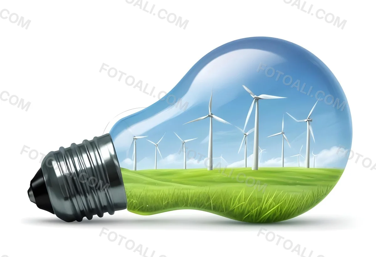 A Light Bulb With Wind Turbines Inside Green Grass White Sky Green Background Clean Energy Concept Renewable Resources Sustainable Development Environmental Awareness Eco Friendly Technology 9 A091