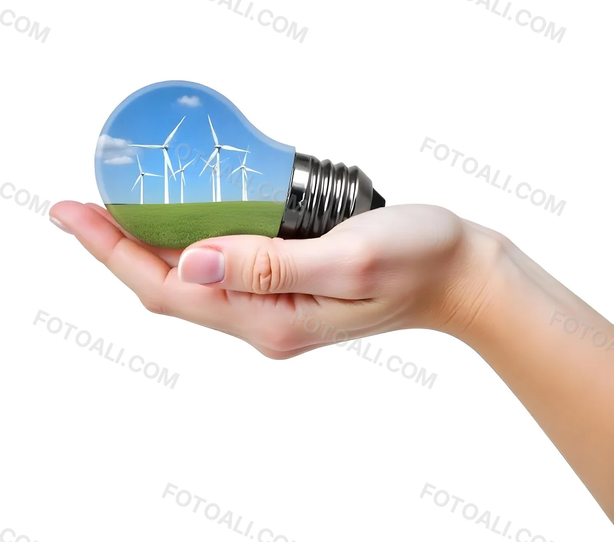 A Light Skinned Hand Holding A Light Bulb With Wind Turbines Inside Green Grass Blue Sky White Background 22 9c53