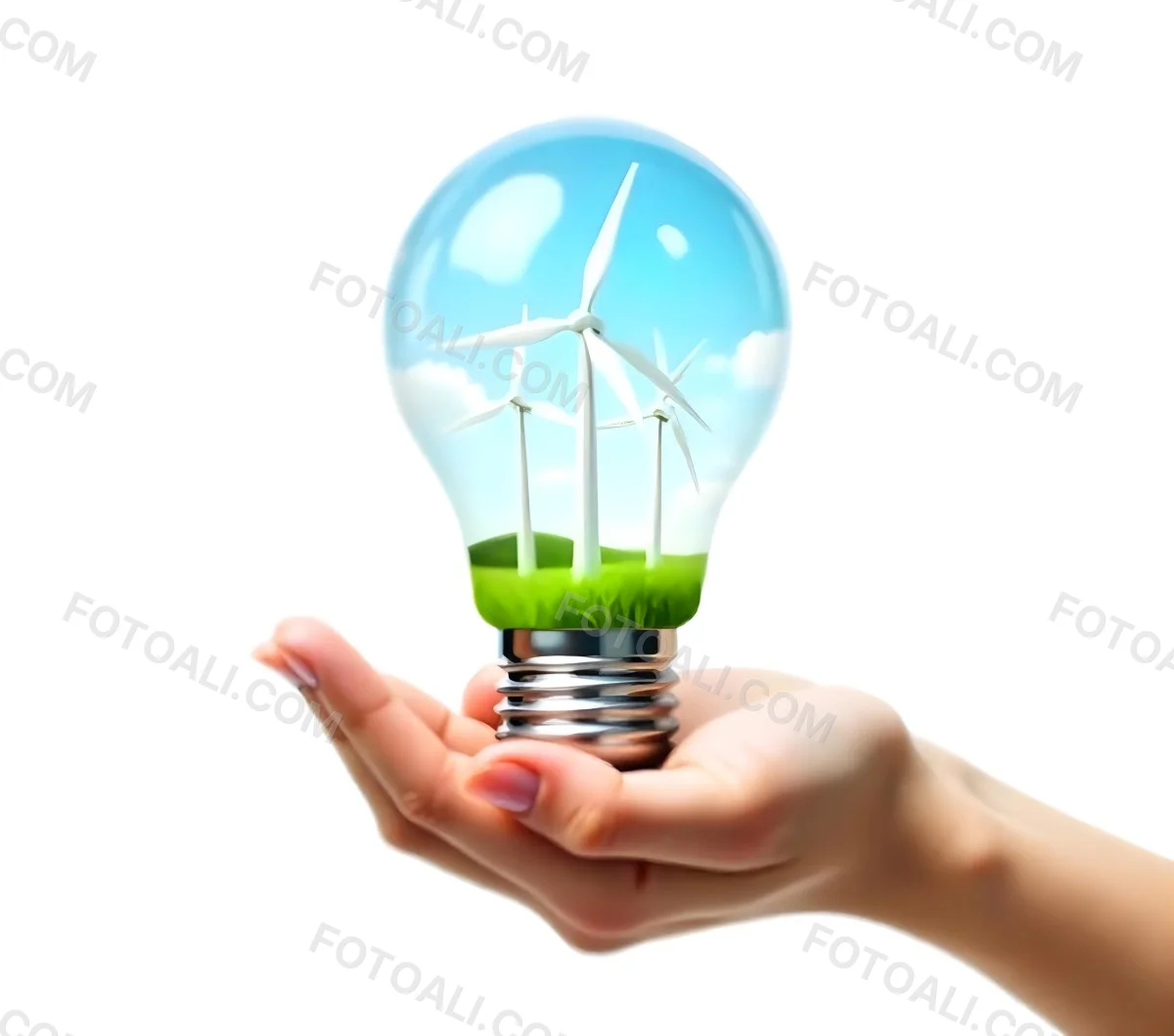 A Light Skinned Hand Holding A Light Bulb With Wind Turbines Inside Green Grass Blue Sky White Background 25 E76f