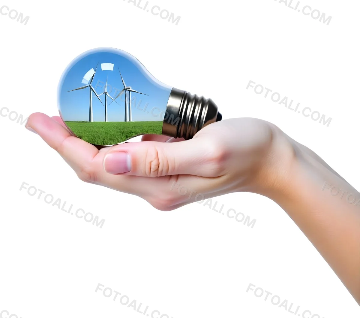 A Light Skinned Hand Holding A Light Bulb With Wind Turbines Inside Green Grass Blue Sky White Background 26 51d7