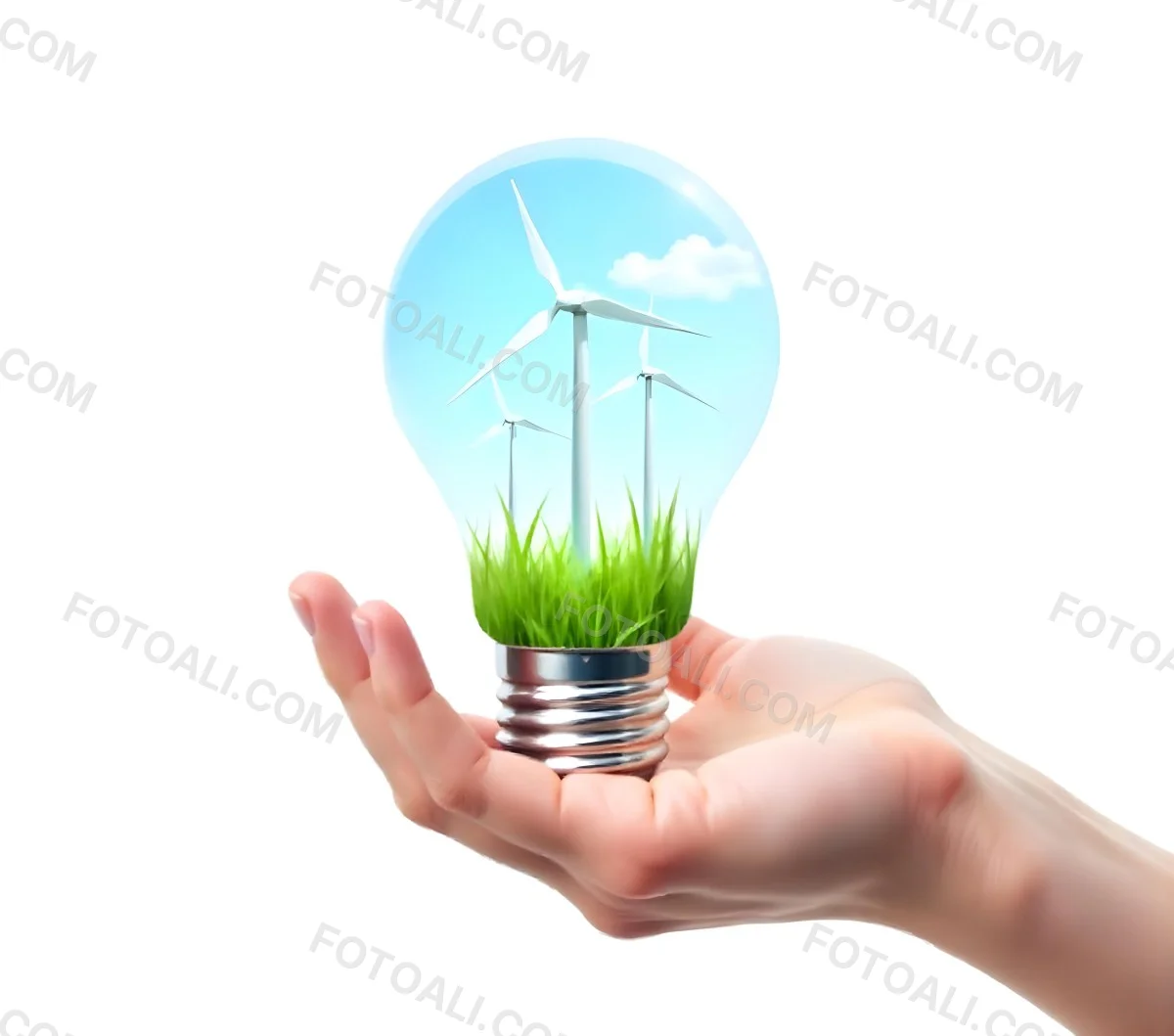 A Light Skinned Hand Holding A Light Bulb With Wind Turbines Inside Green Grass Blue Sky White Background 27 3009
